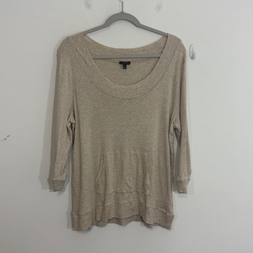 Talbots Womens Top XL Beige Scoop Neck Kangaroo Pocket 3/4 Sleeve Casual Soft